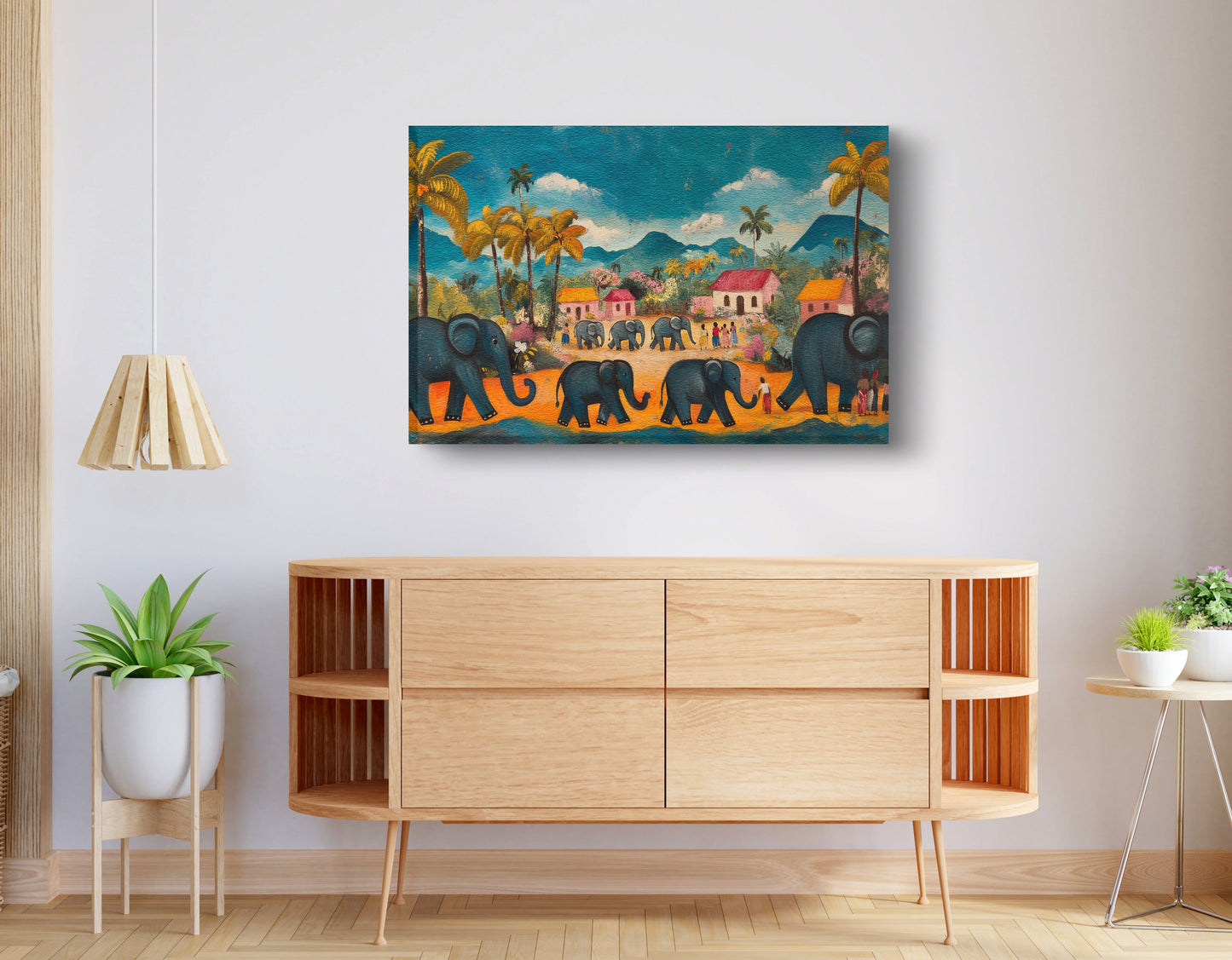 Elephant Village Parade Caribbean wall art displayed as living room wall decor