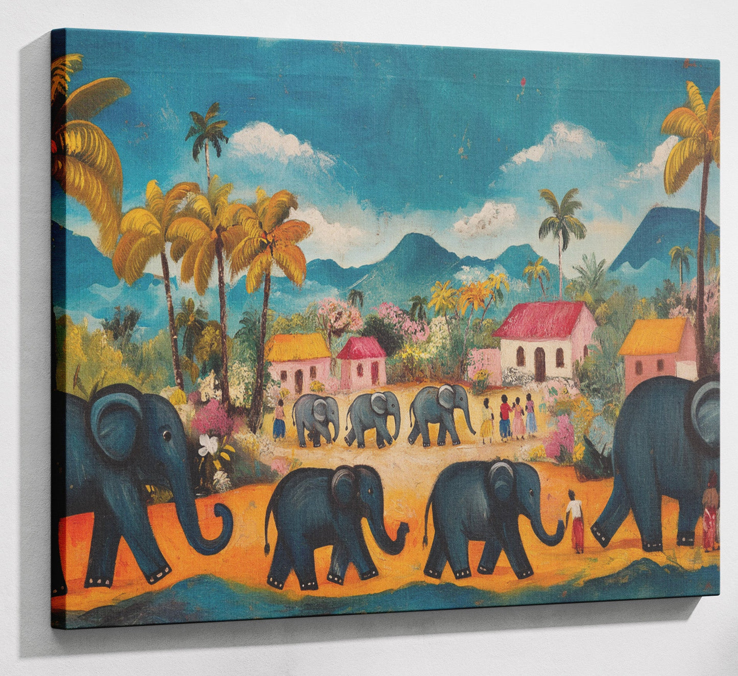 Elephant Village Parade Caribbean wall art canvas print with visible wall art format