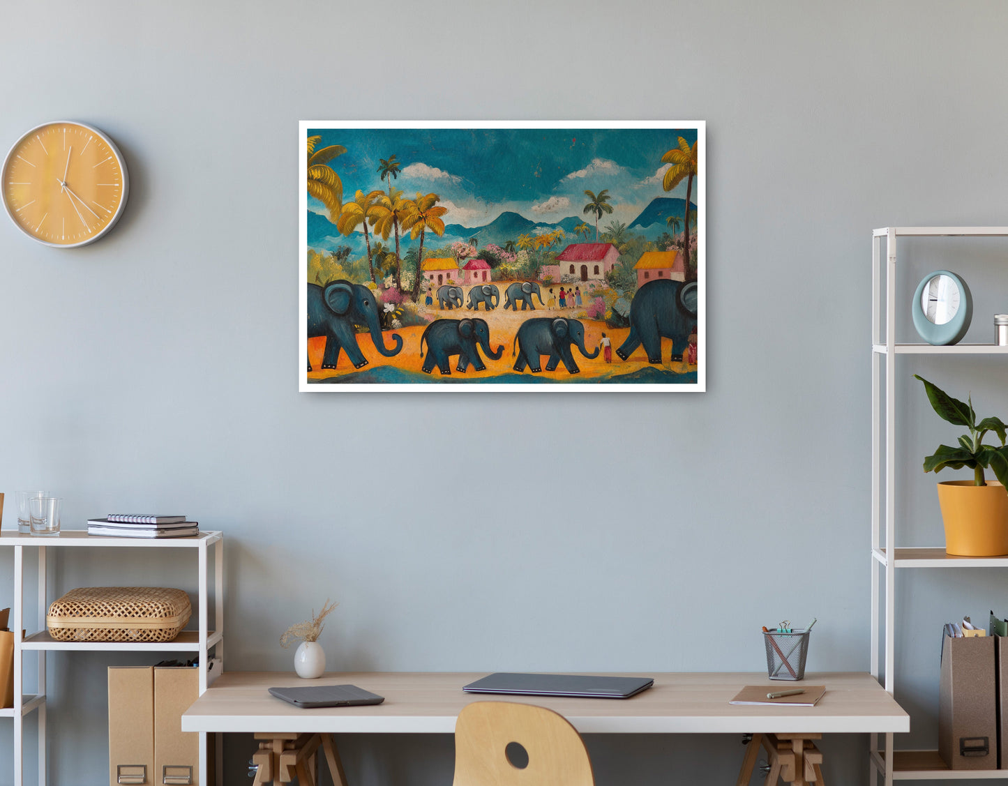 Elephant Village Parade Caribbean wall art print view