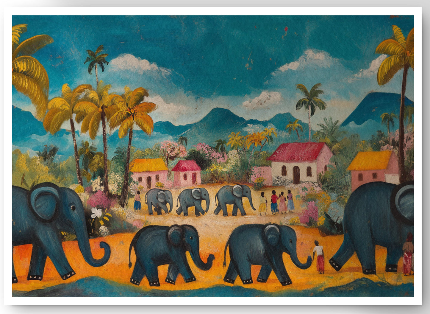 Elephant Village Parade Caribbean wall art canvas print by MoomZee Artwork