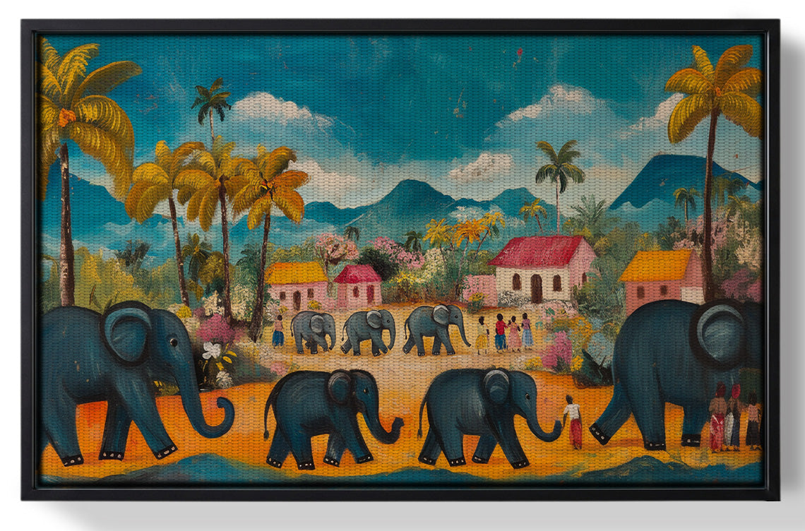 Framed Elephant Village Parade Caribbean wall art for home decor