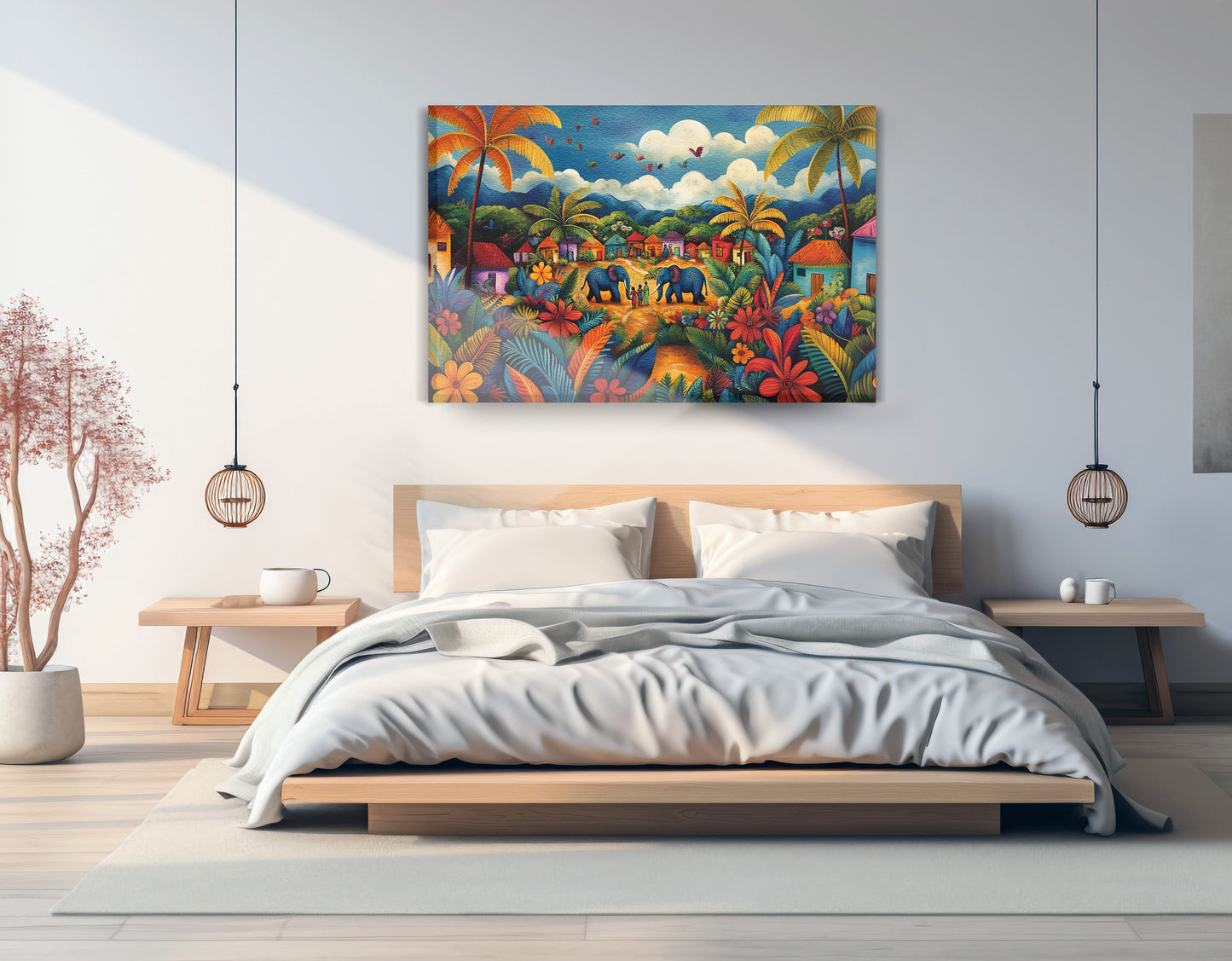 Mountain Village Elephant Caribbean wall art displayed as bedroom wall decor