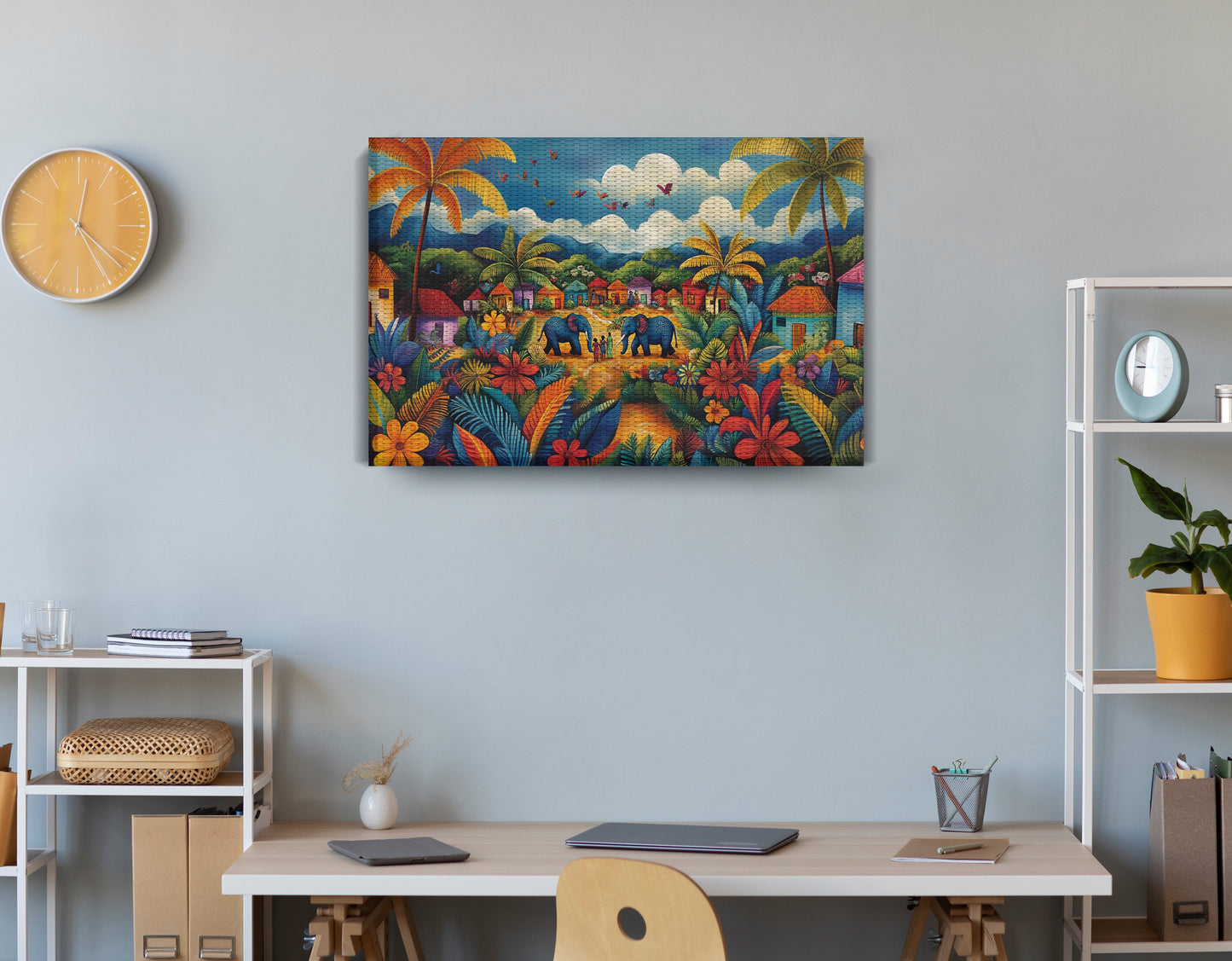 Mountain Village Elephant Caribbean wall art displayed as office wall decor