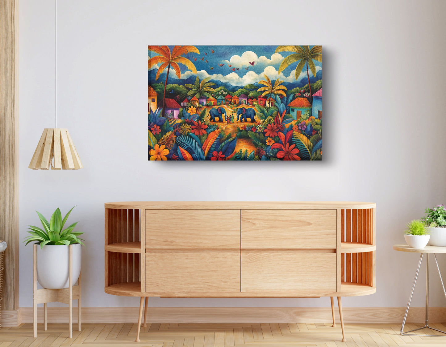 Mountain Village Elephant Caribbean wall art displayed as living room wall decor