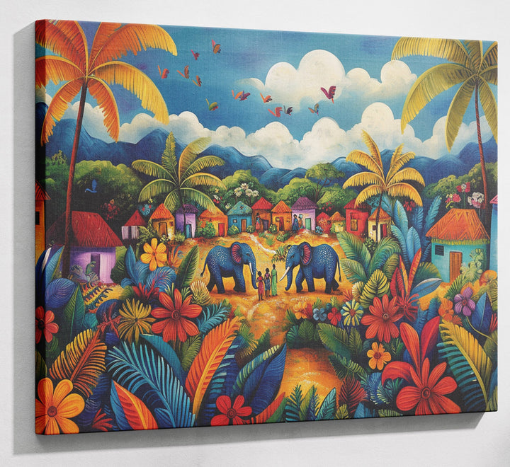 Mountain Village Elephant Caribbean wall art canvas print with visible wall art format