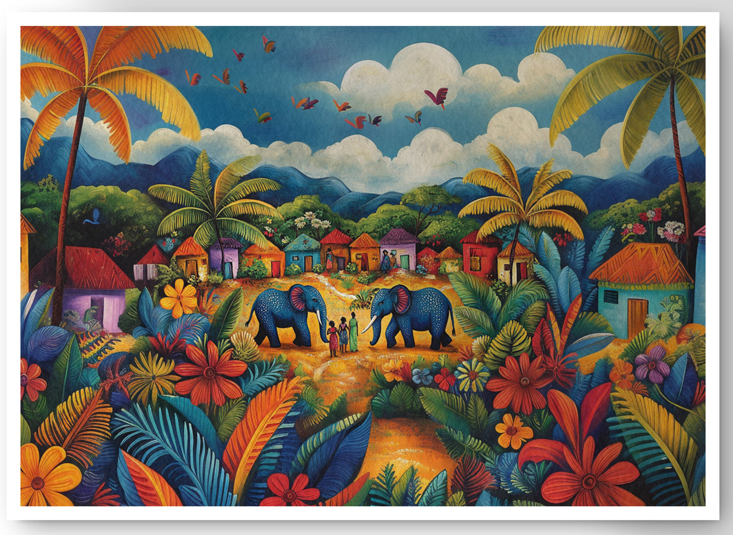 Mountain Village Elephant Caribbean wall art canvas print by MoomZee Artwork