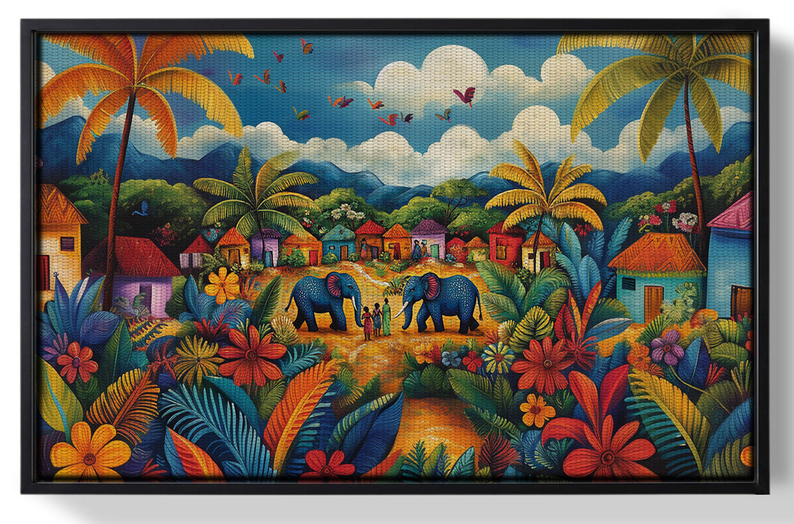 Framed Mountain Village Elephant Caribbean wall art for home decor