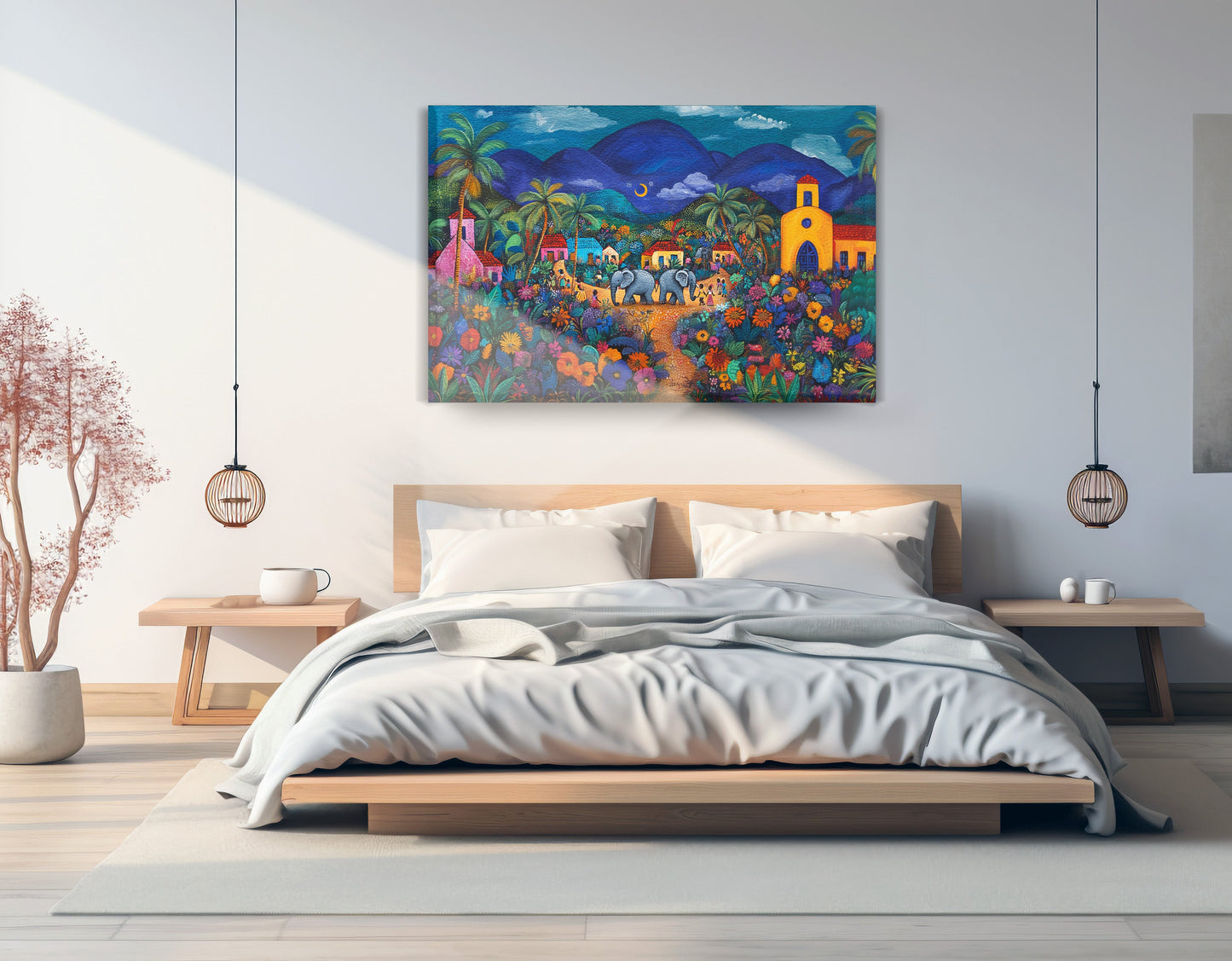 Colorful Mountain Village Elephant Caribbean wall art displayed as bedroom wall decor