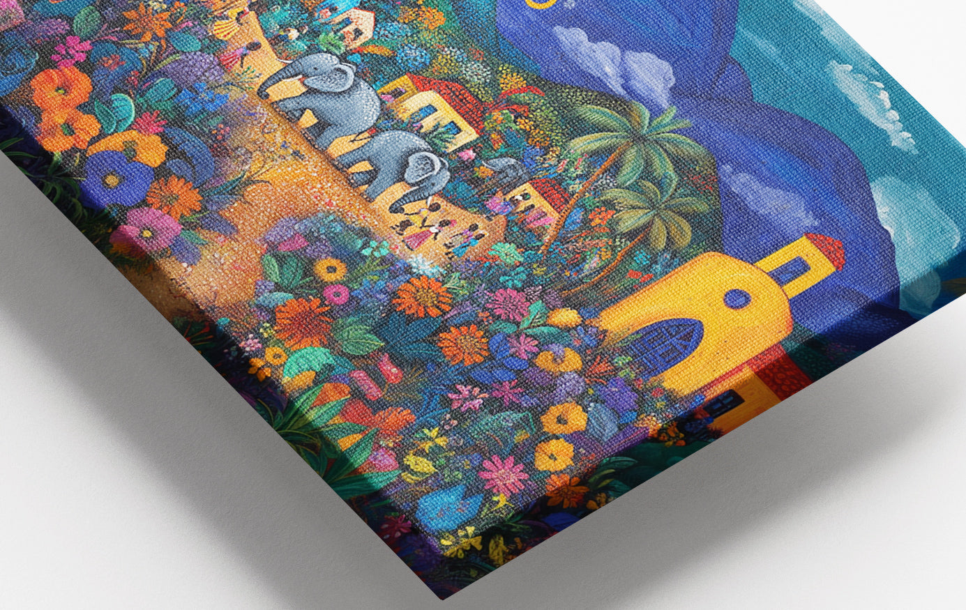 Close-up of Colorful Mountain Village Elephant Caribbean wall art detail