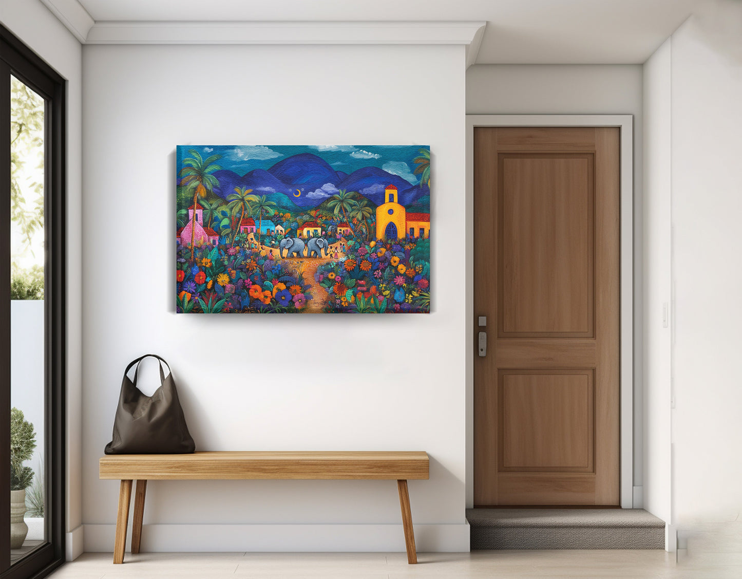 Colorful Mountain Village Elephant Caribbean wall art displayed as entryway wall decor