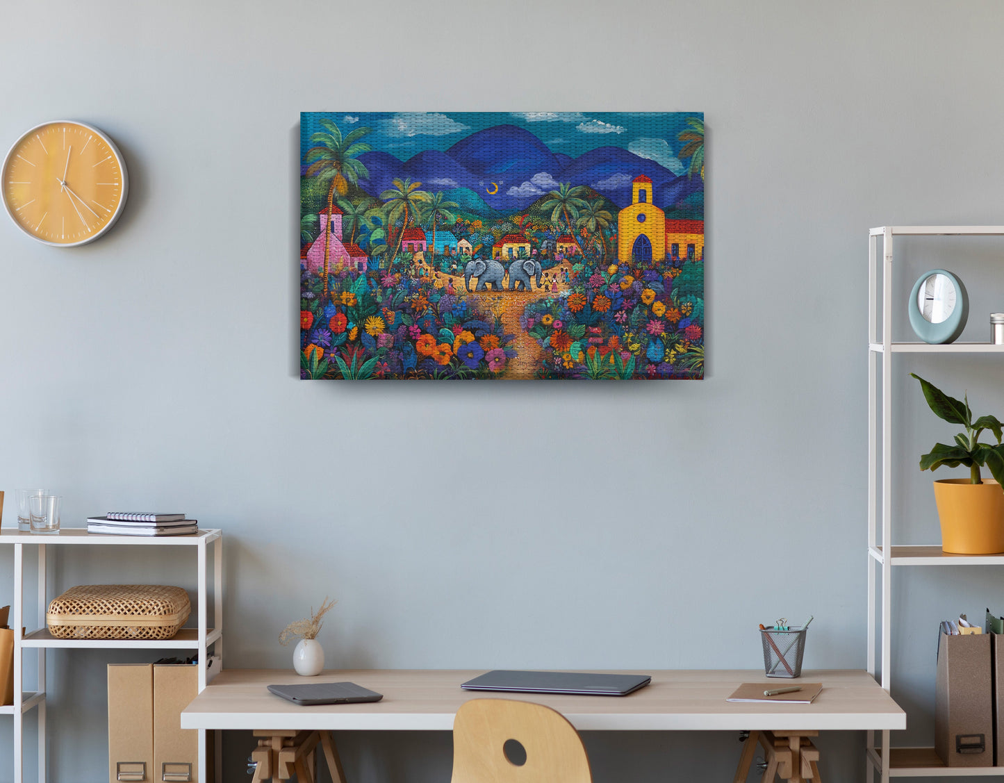 Colorful Mountain Village Elephant Caribbean wall art displayed as office wall decor