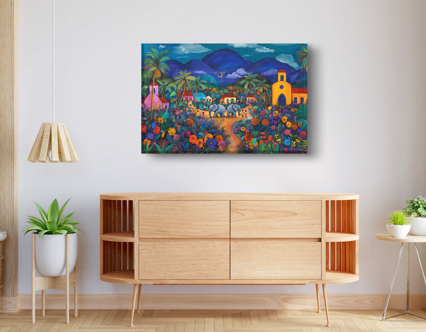 Colorful Mountain Village Elephant Caribbean wall art displayed as living room wall decor