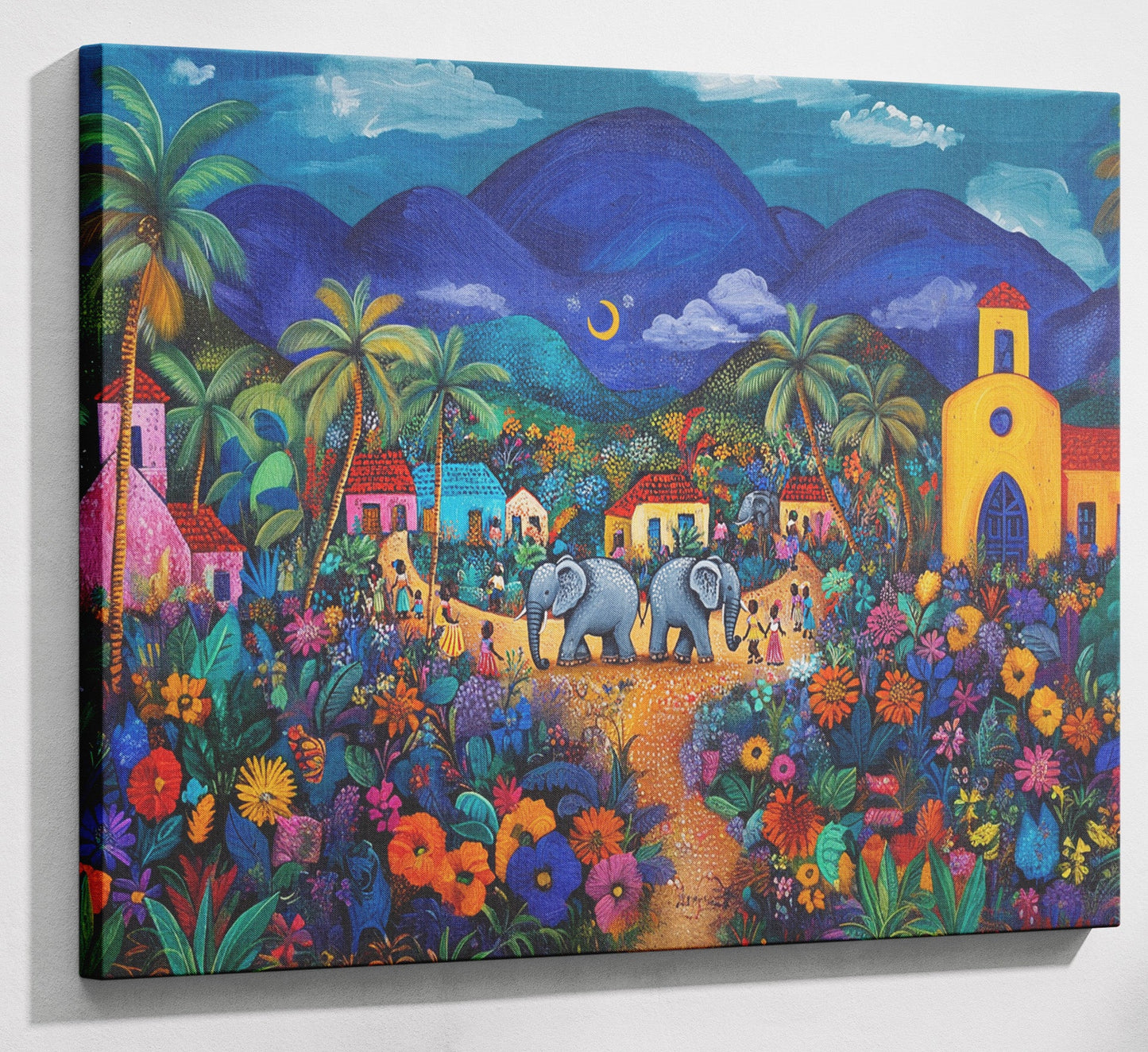 Colorful Mountain Village Elephant Caribbean wall art canvas print with visible wall art format
