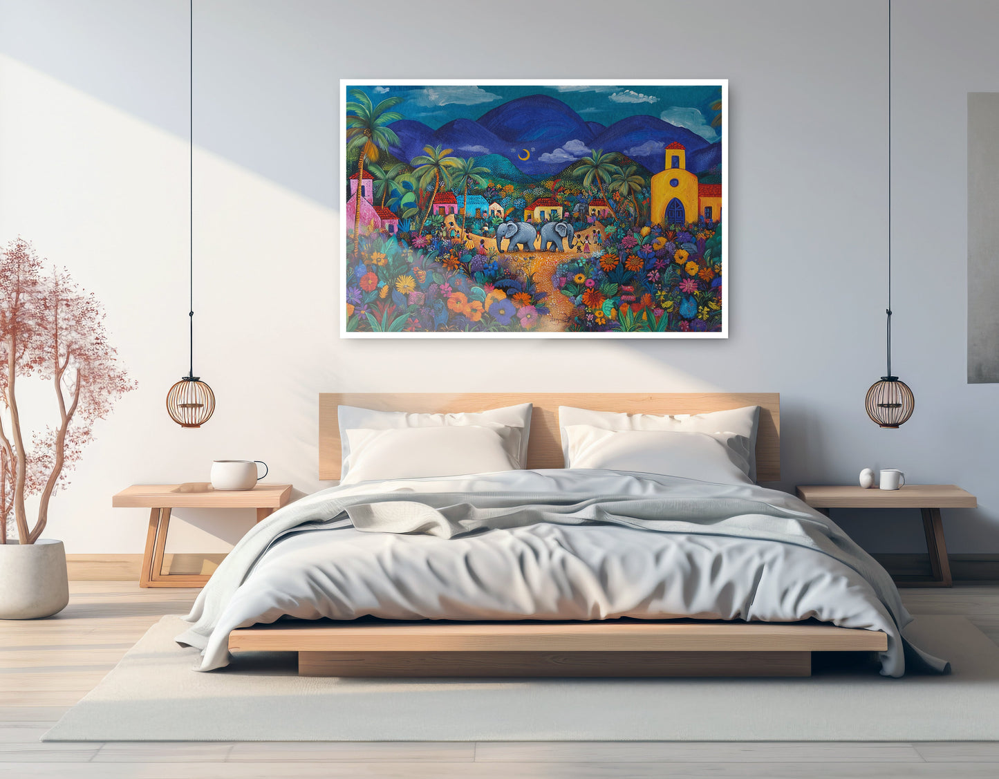 Colorful Mountain Village Elephant Caribbean wall art artwork view