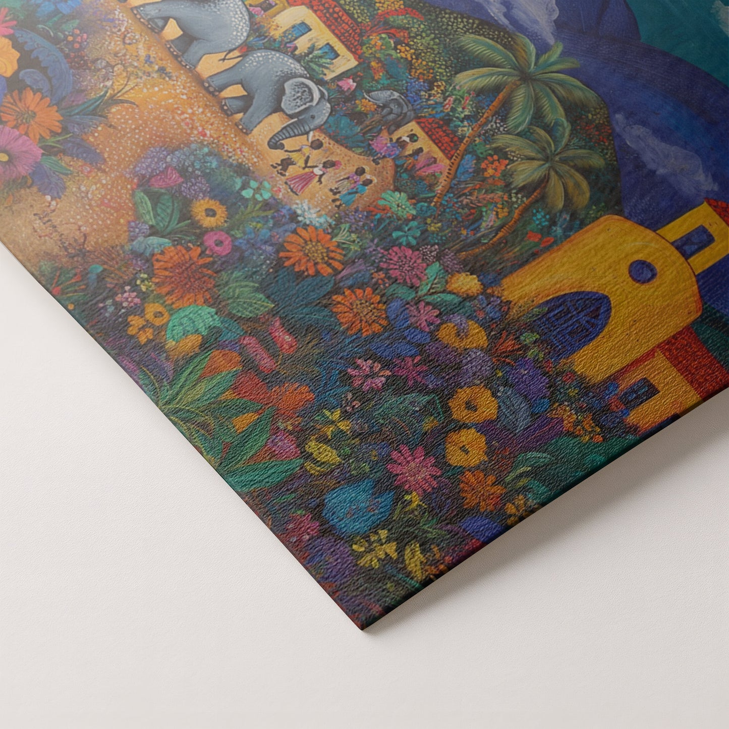 Colorful Mountain Village Elephant Caribbean wall art artwork by MoomZee Artwork