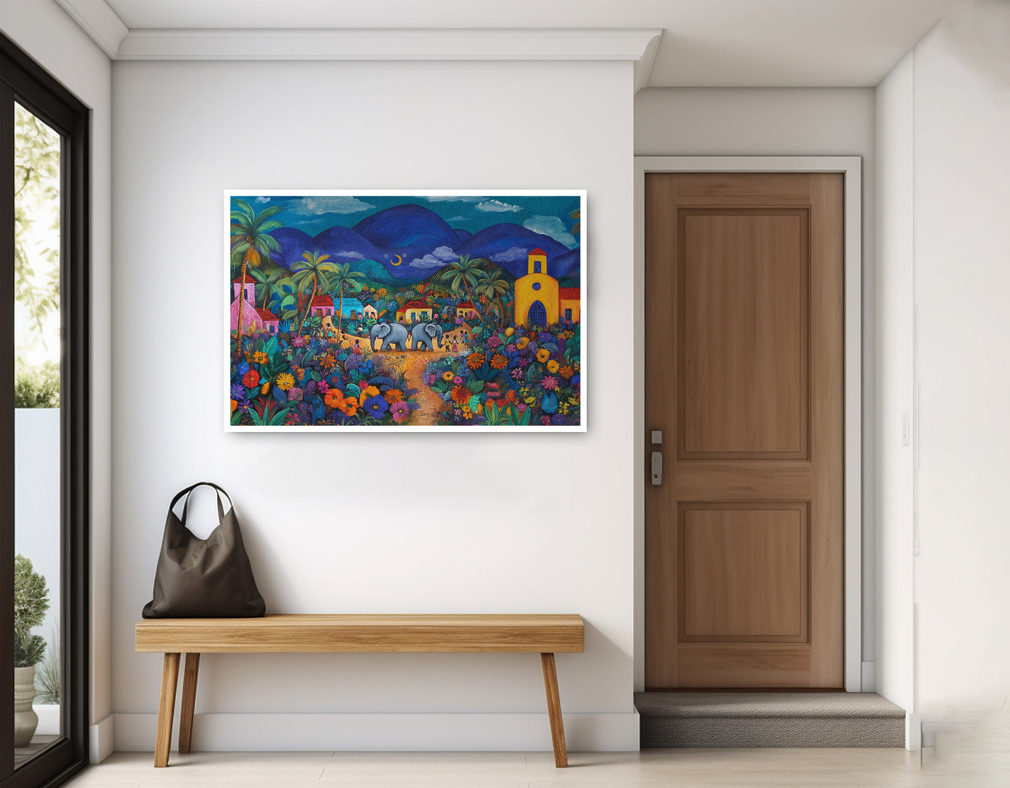 Colorful Mountain Village Elephant Caribbean wall art home decor view