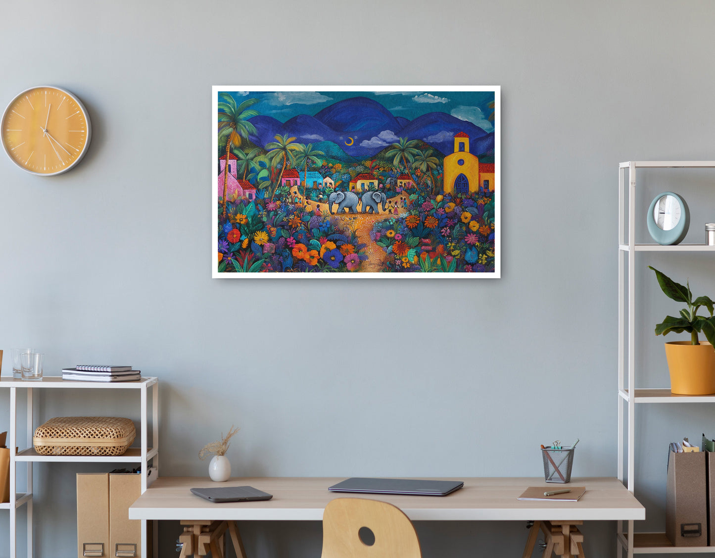 Colorful Mountain Village Elephant Caribbean wall art print view