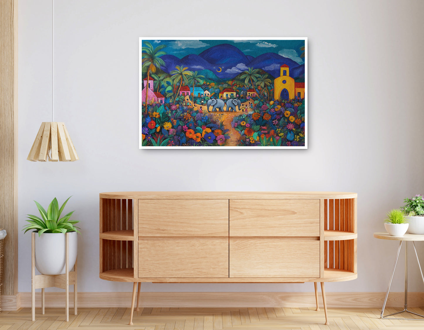 Alternate view of Colorful Mountain Village Elephant Caribbean wall art canvas print