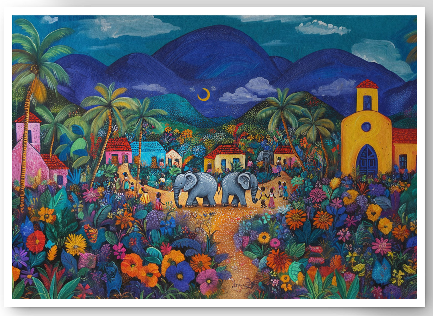 Colorful Mountain Village Elephant Caribbean wall art canvas print by MoomZee Artwork