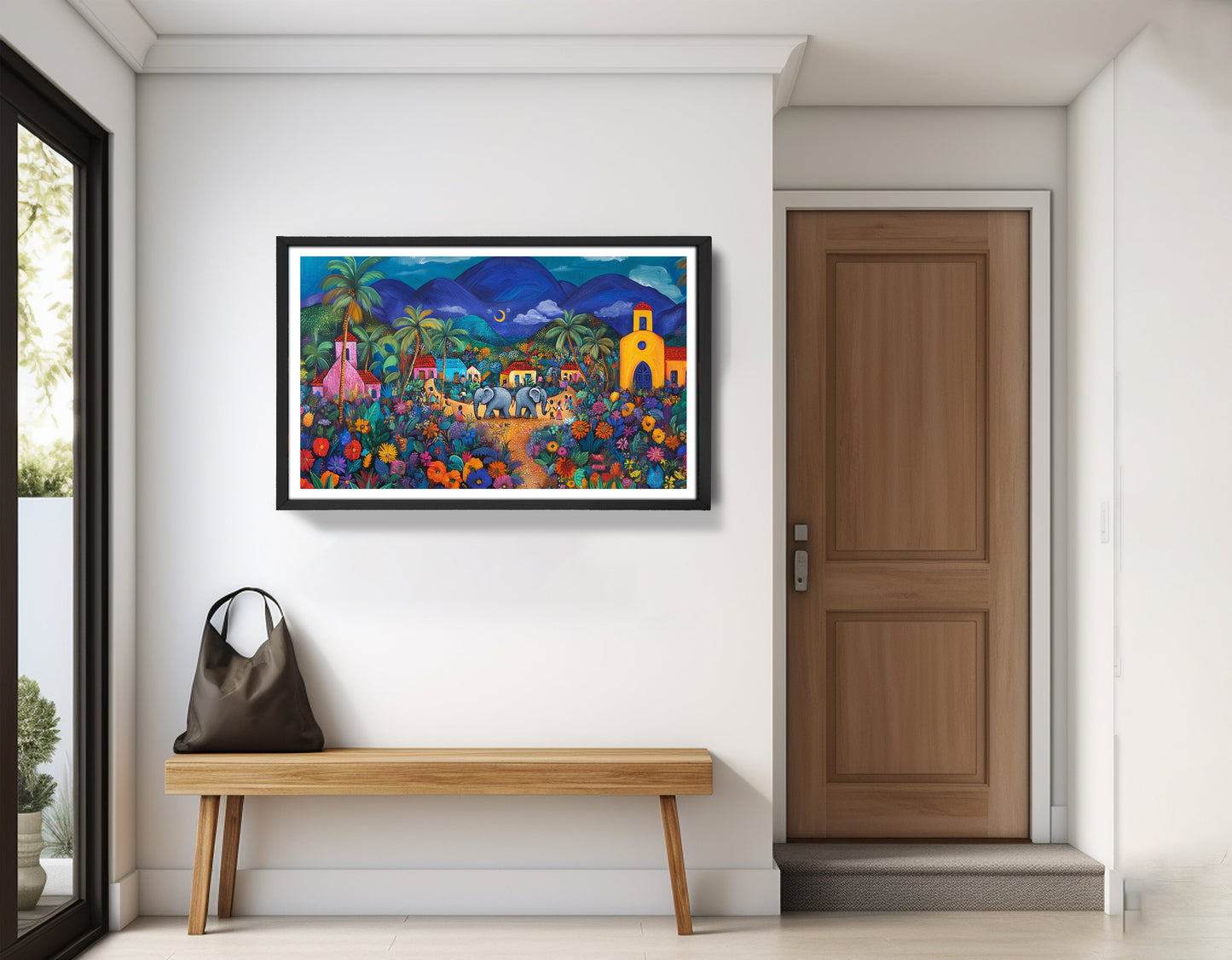 Colorful Mountain Village Elephant Caribbean wall art view 71