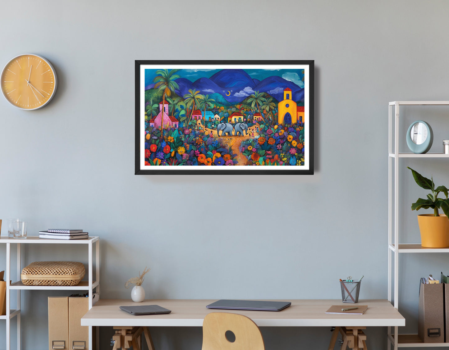 Colorful Mountain Village Elephant Caribbean wall art view 72