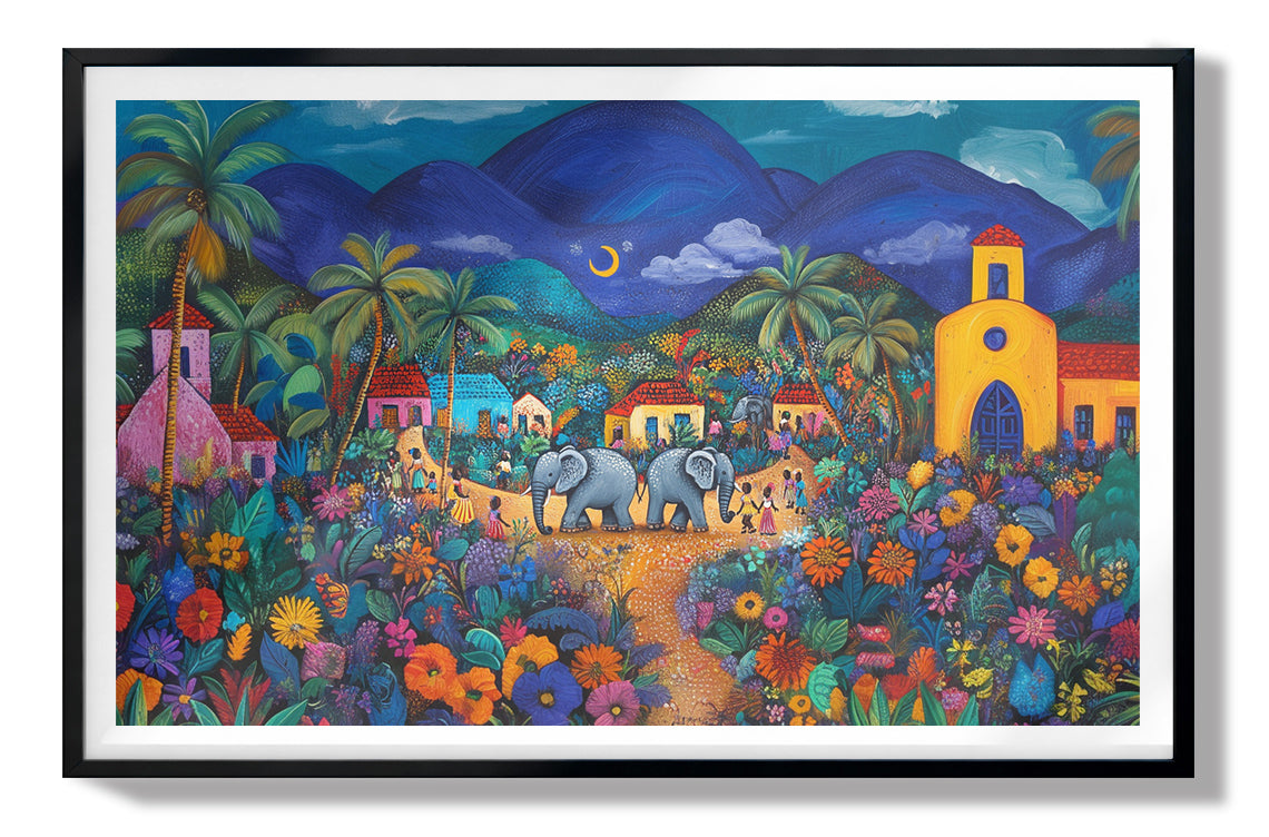 Colorful Mountain Village Elephant Caribbean wall art view 67