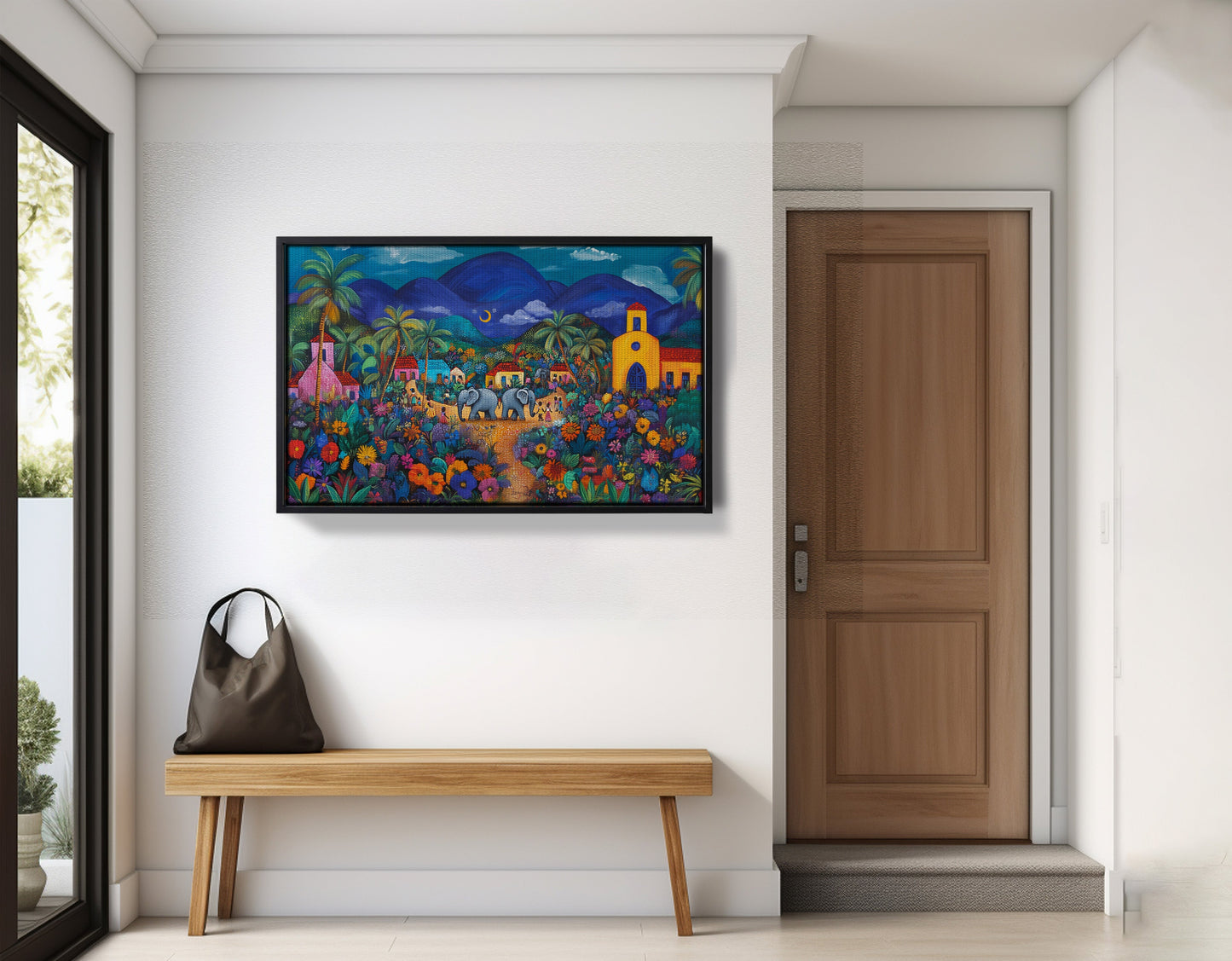 Colorful Mountain Village Elephant Caribbean wall art view 29
