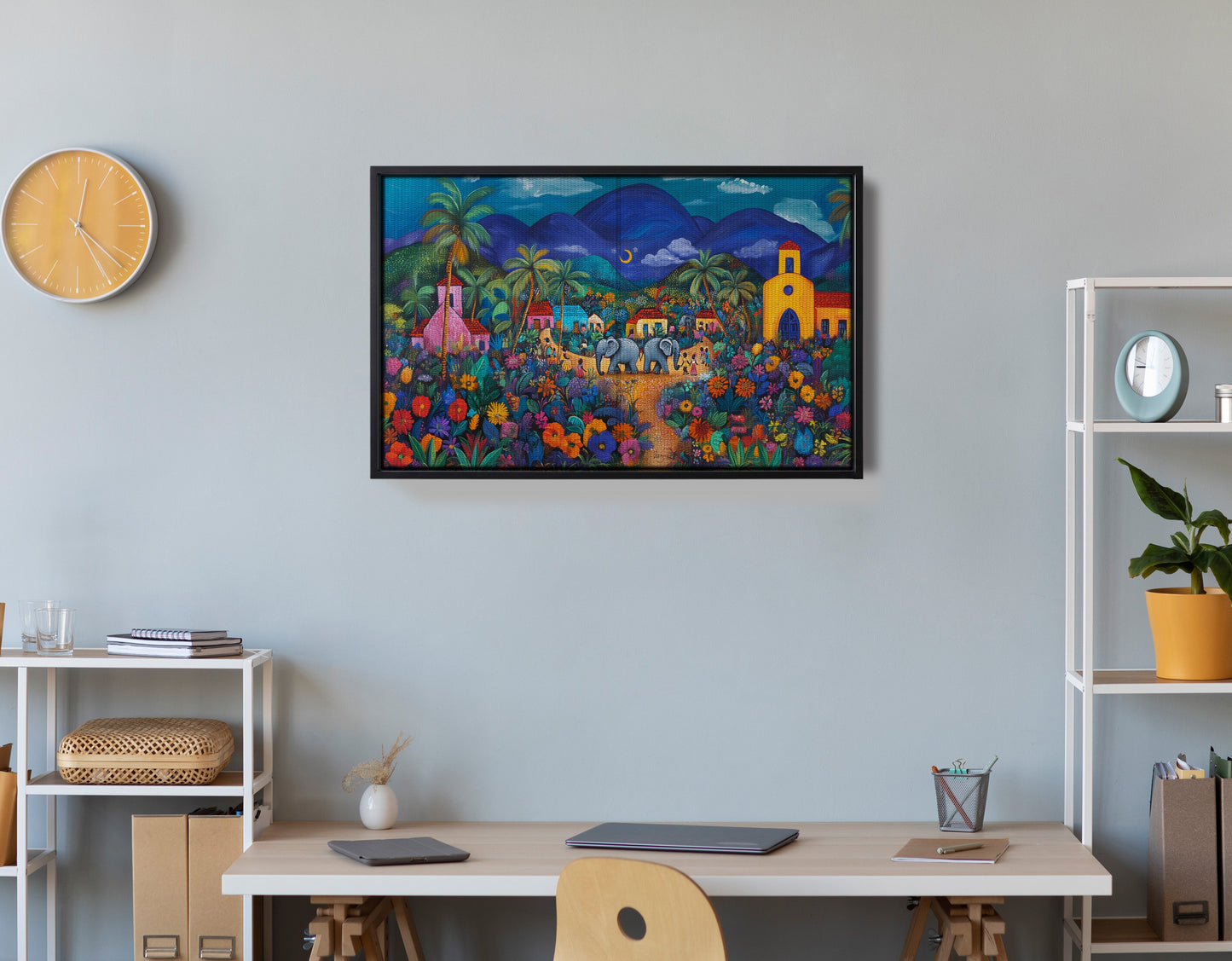 Colorful Mountain Village Elephant Caribbean wall art view 30