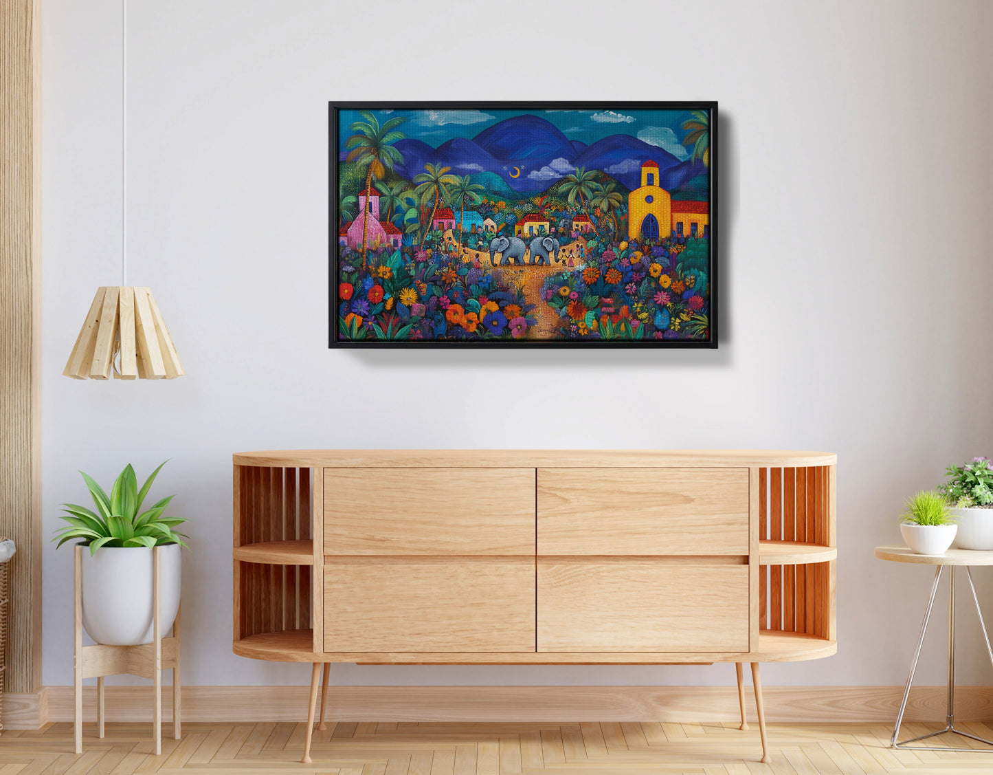 Colorful Mountain Village Elephant Caribbean wall art view 26