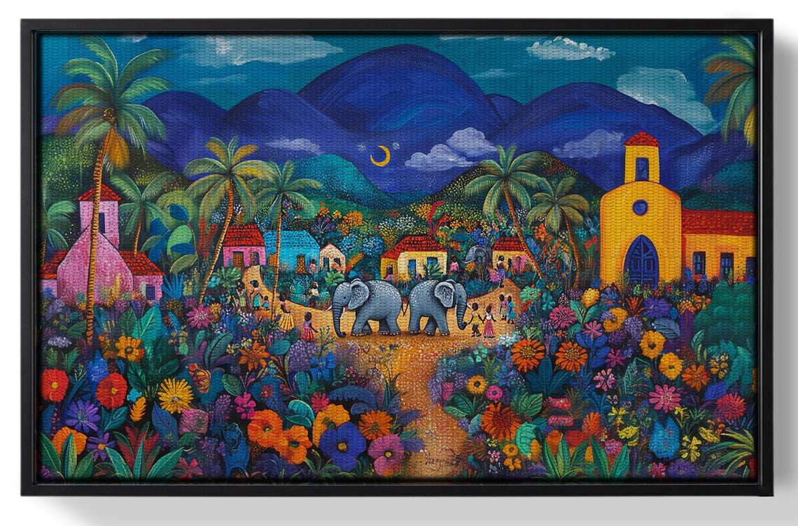 Framed Colorful Mountain Village Elephant Caribbean wall art for home decor