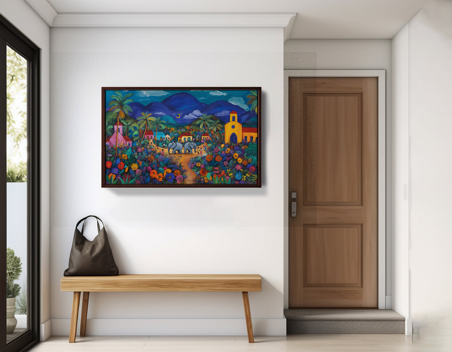 Colorful Mountain Village Elephant Caribbean wall art view 35