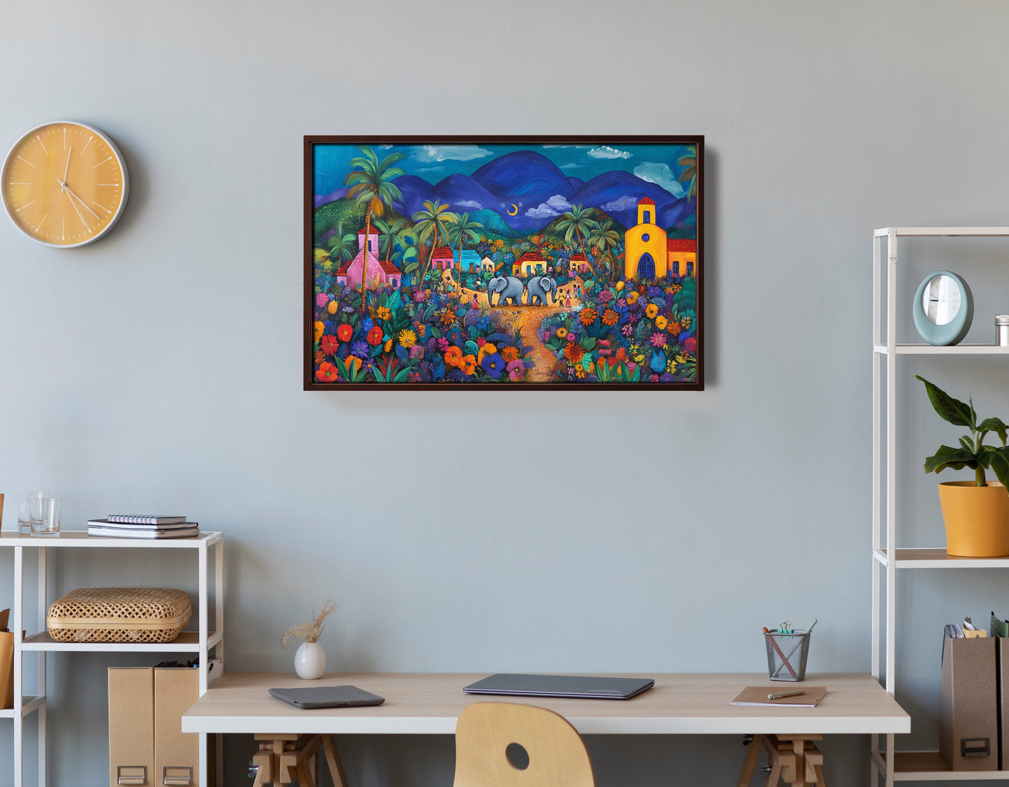 Colorful Mountain Village Elephant Caribbean wall art view 36