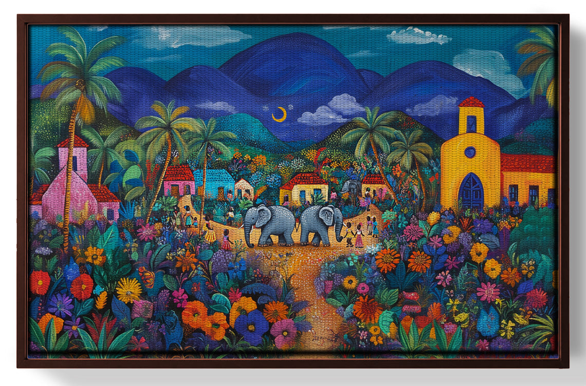 Colorful Mountain Village Elephant Caribbean wall art view 31