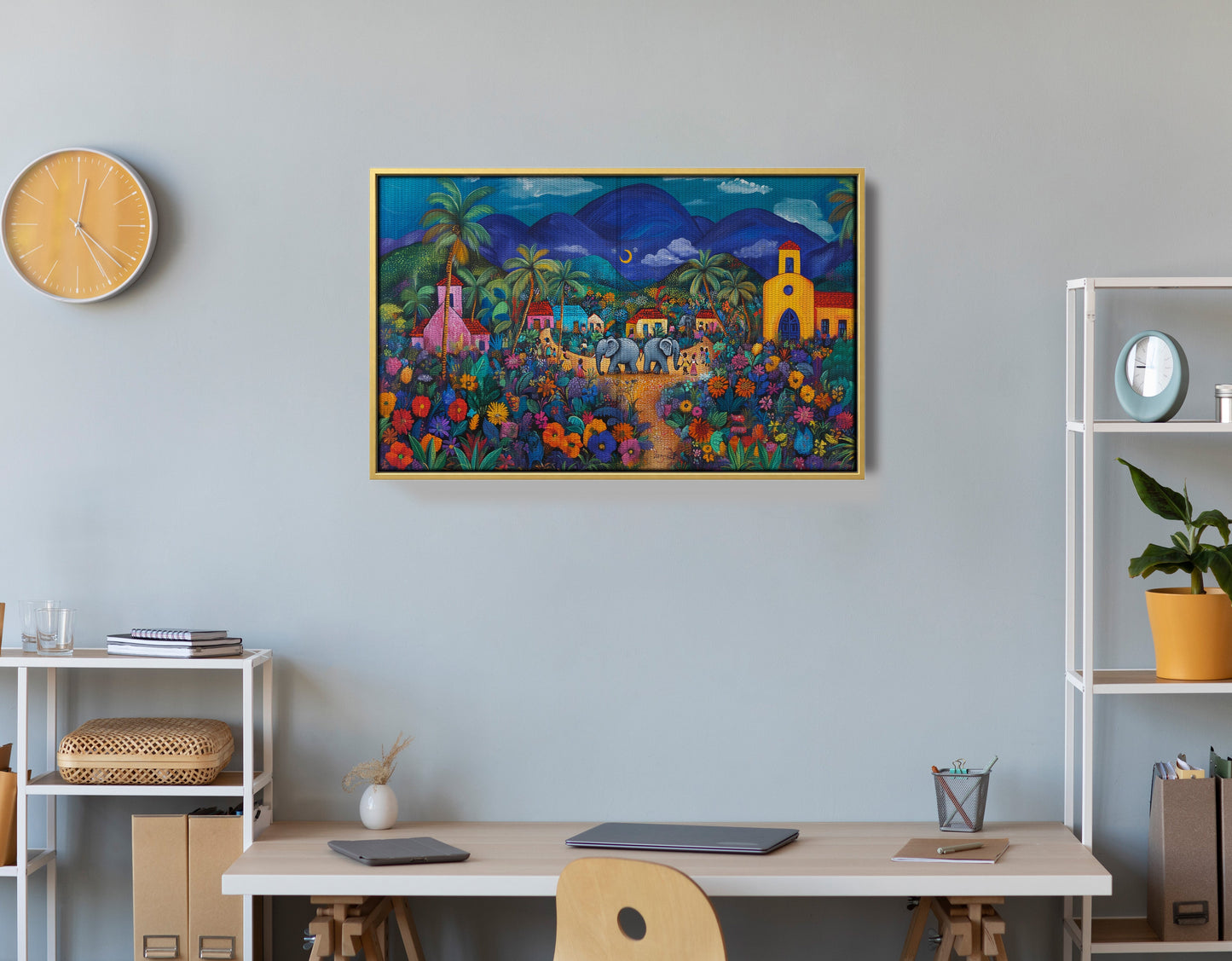 Colorful Mountain Village Elephant Caribbean wall art view 42