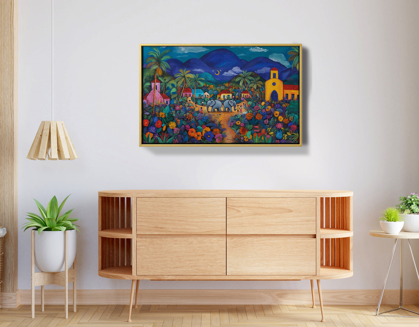 Colorful Mountain Village Elephant Caribbean wall art view 38