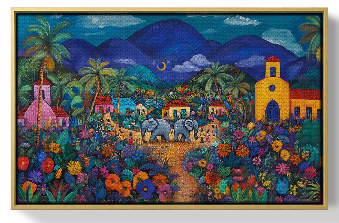 Colorful Mountain Village Elephant Caribbean wall art view 37