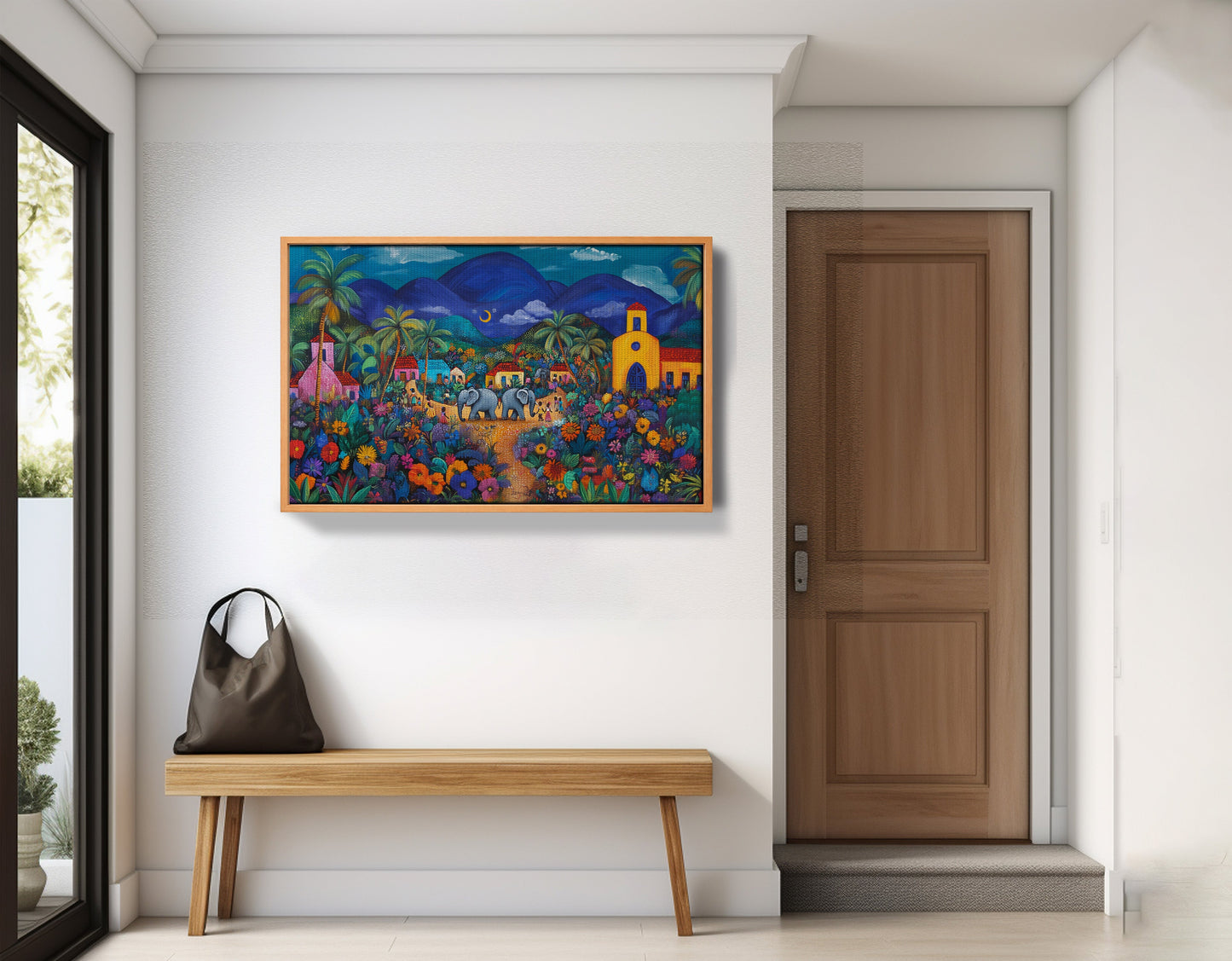 Colorful Mountain Village Elephant Caribbean wall art view 47