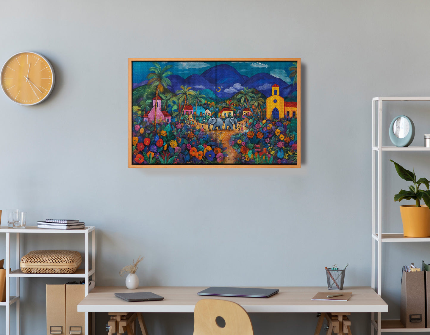 Colorful Mountain Village Elephant Caribbean wall art view 48