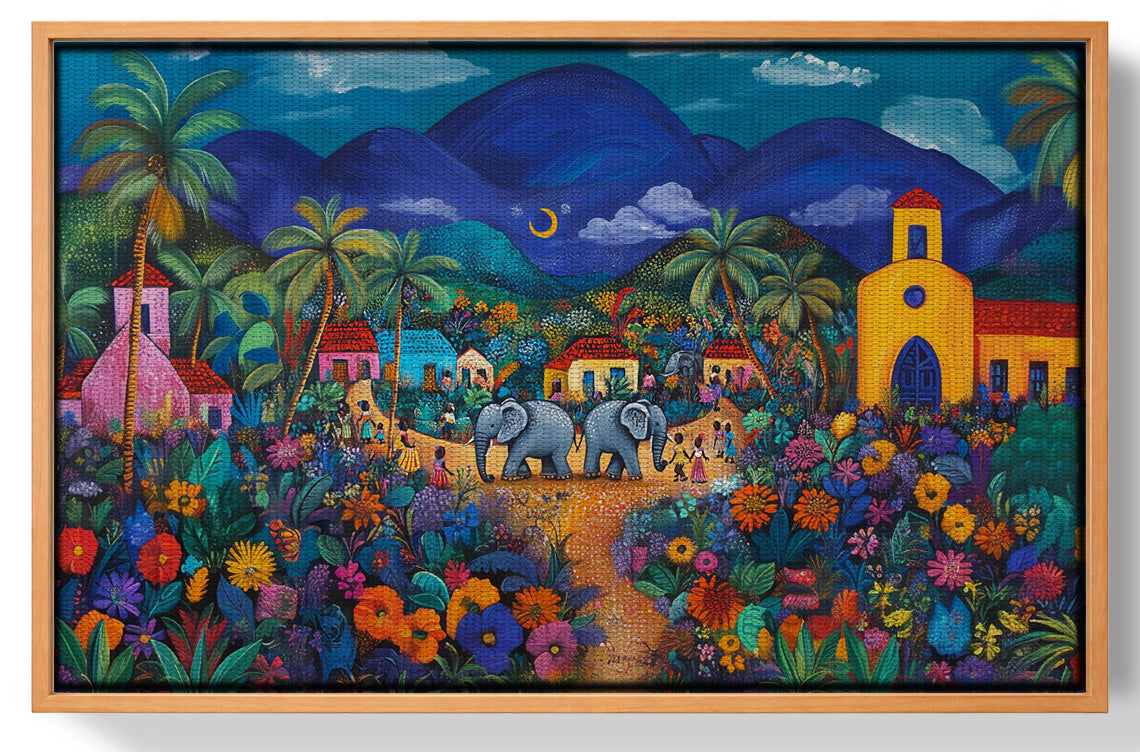Colorful Mountain Village Elephant Caribbean wall art view 43