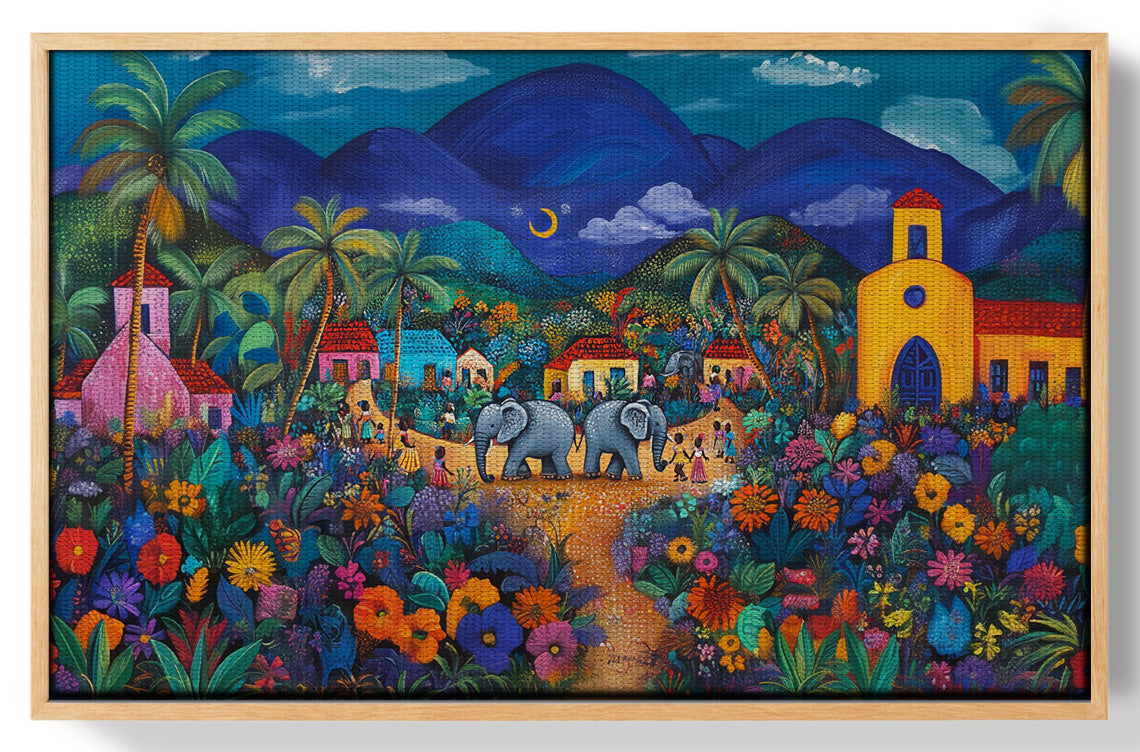 Colorful Mountain Village Elephant Caribbean wall art view 49