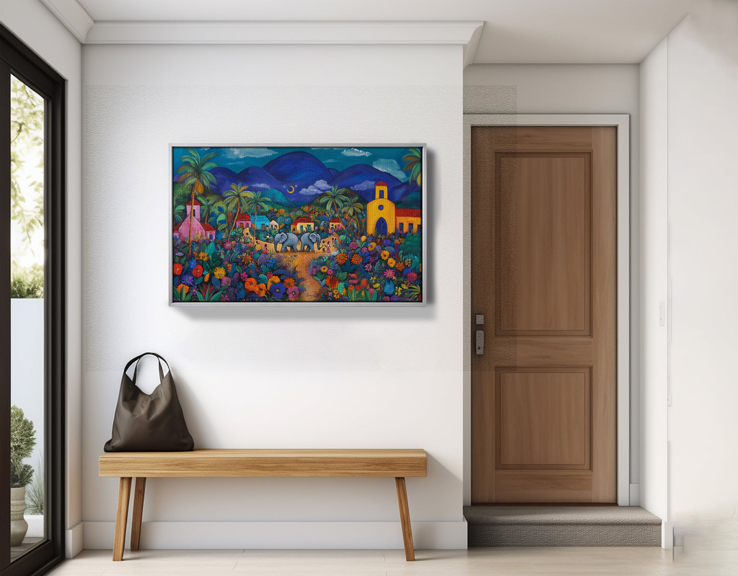 Colorful Mountain Village Elephant Caribbean wall art view 59