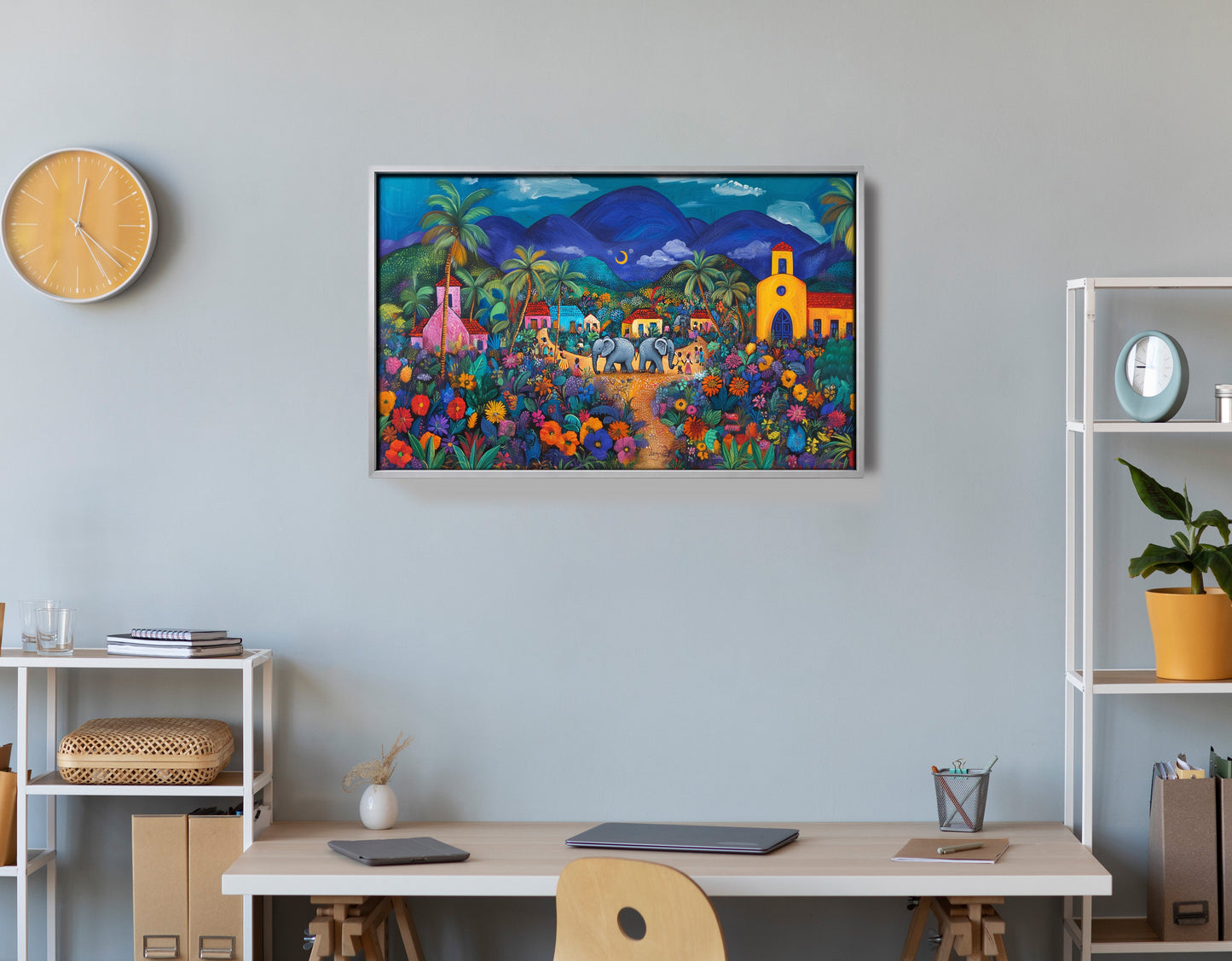 Colorful Mountain Village Elephant Caribbean wall art view 60