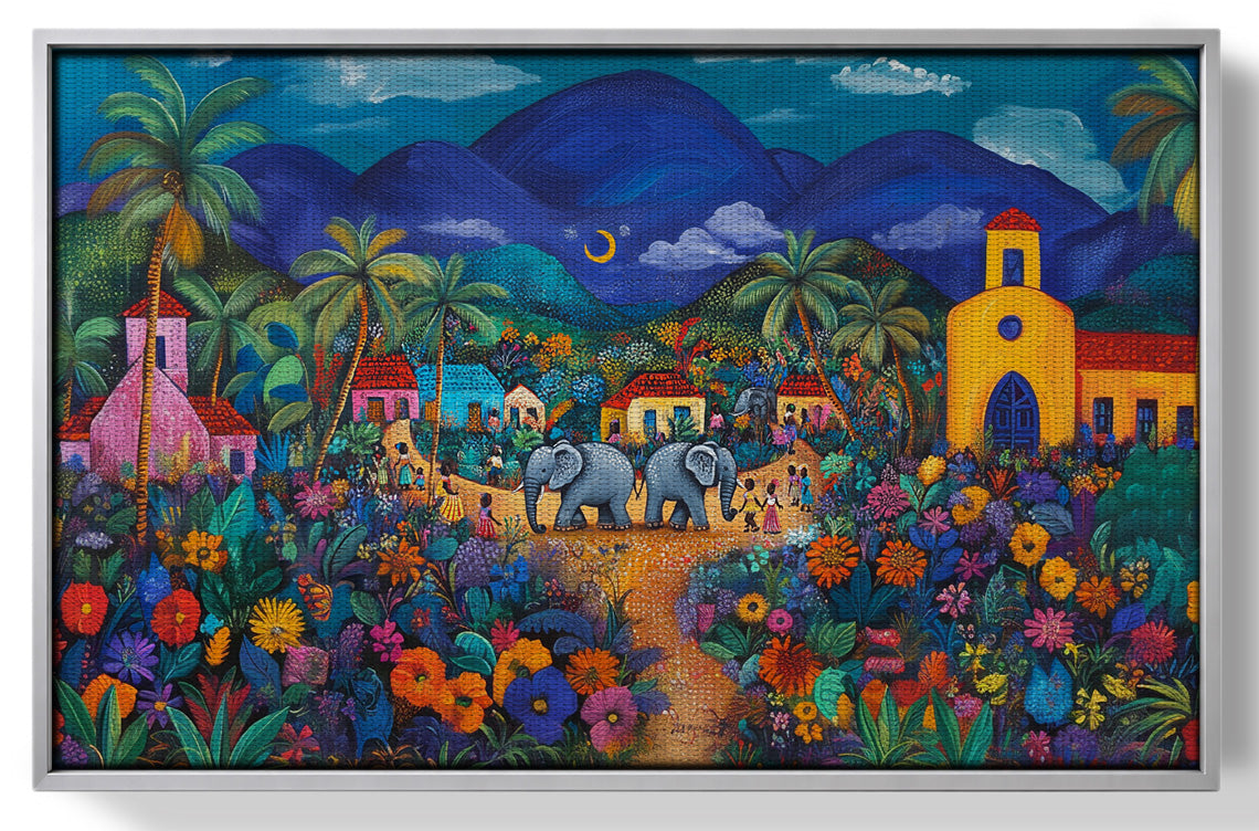Colorful Mountain Village Elephant Caribbean wall art view 55