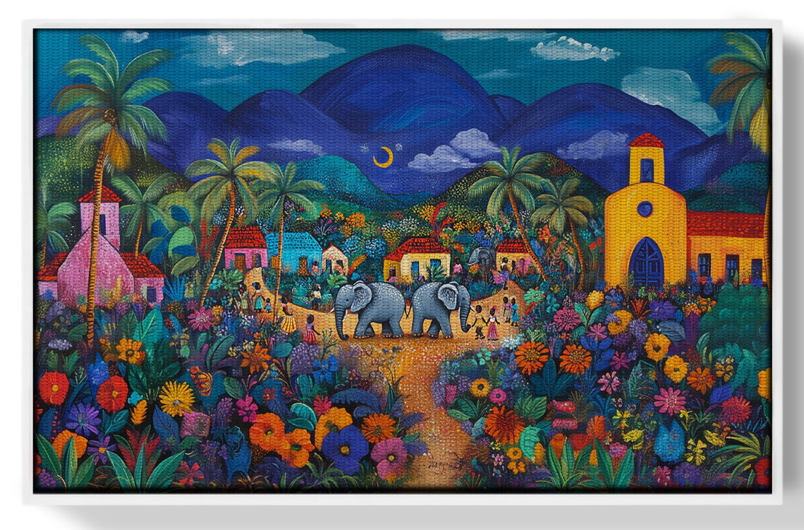 Colorful Mountain Village Elephant Caribbean wall art view 61