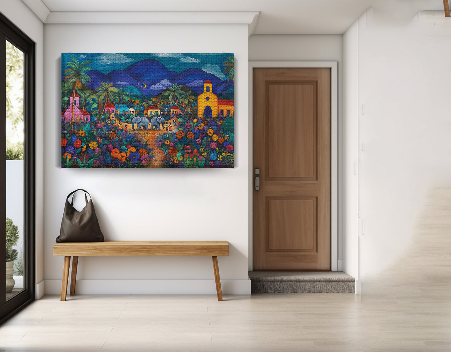 Colorful Mountain Village Elephant Caribbean wall art view 17
