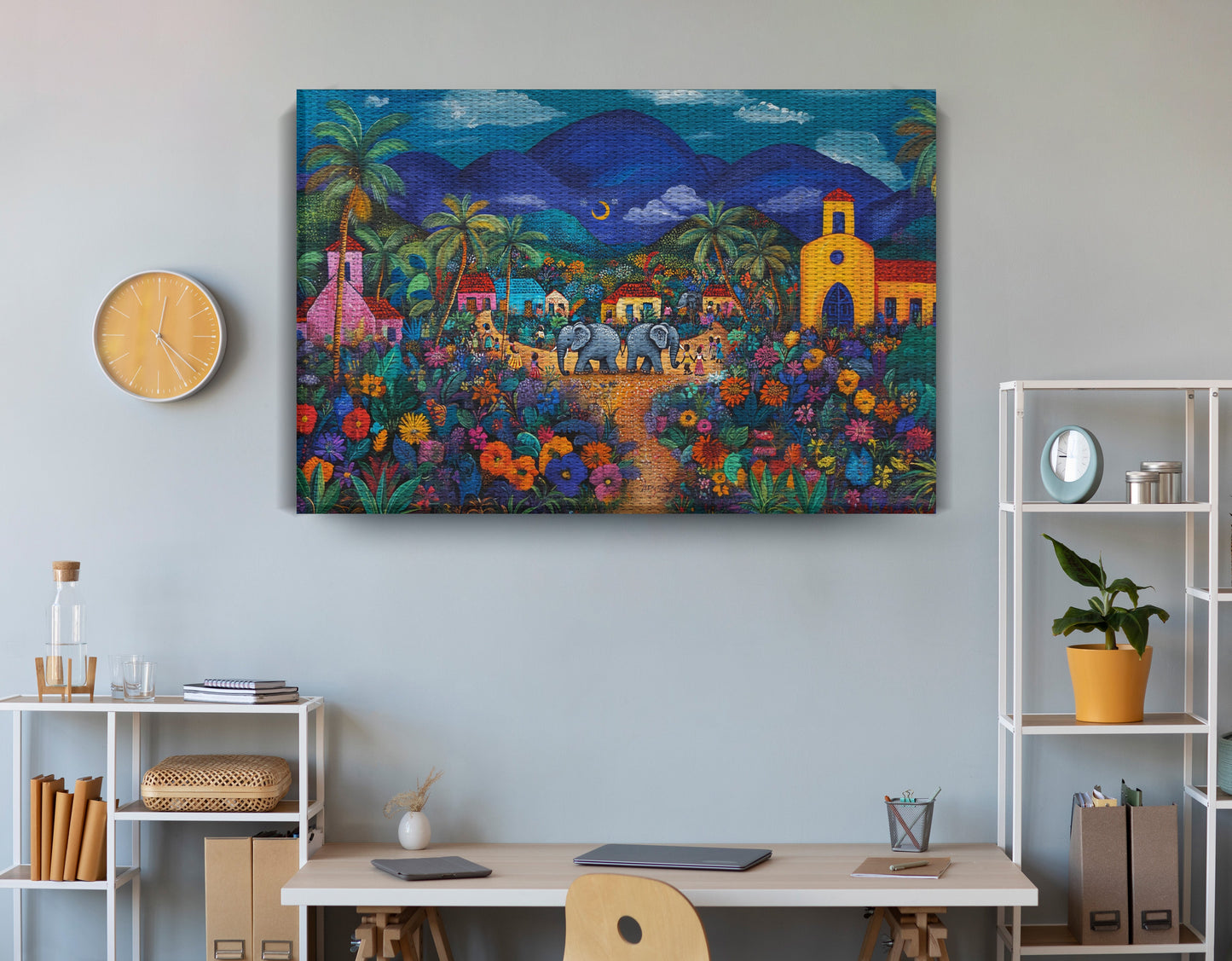 Colorful Mountain Village Elephant Caribbean wall art view 18