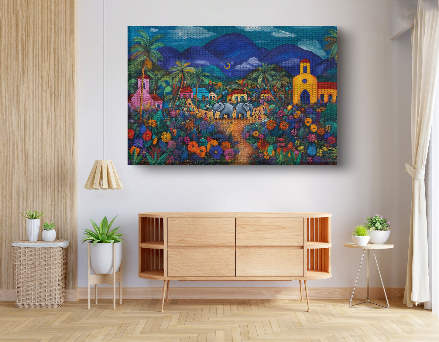 Colorful Mountain Village Elephant Caribbean wall art view 14