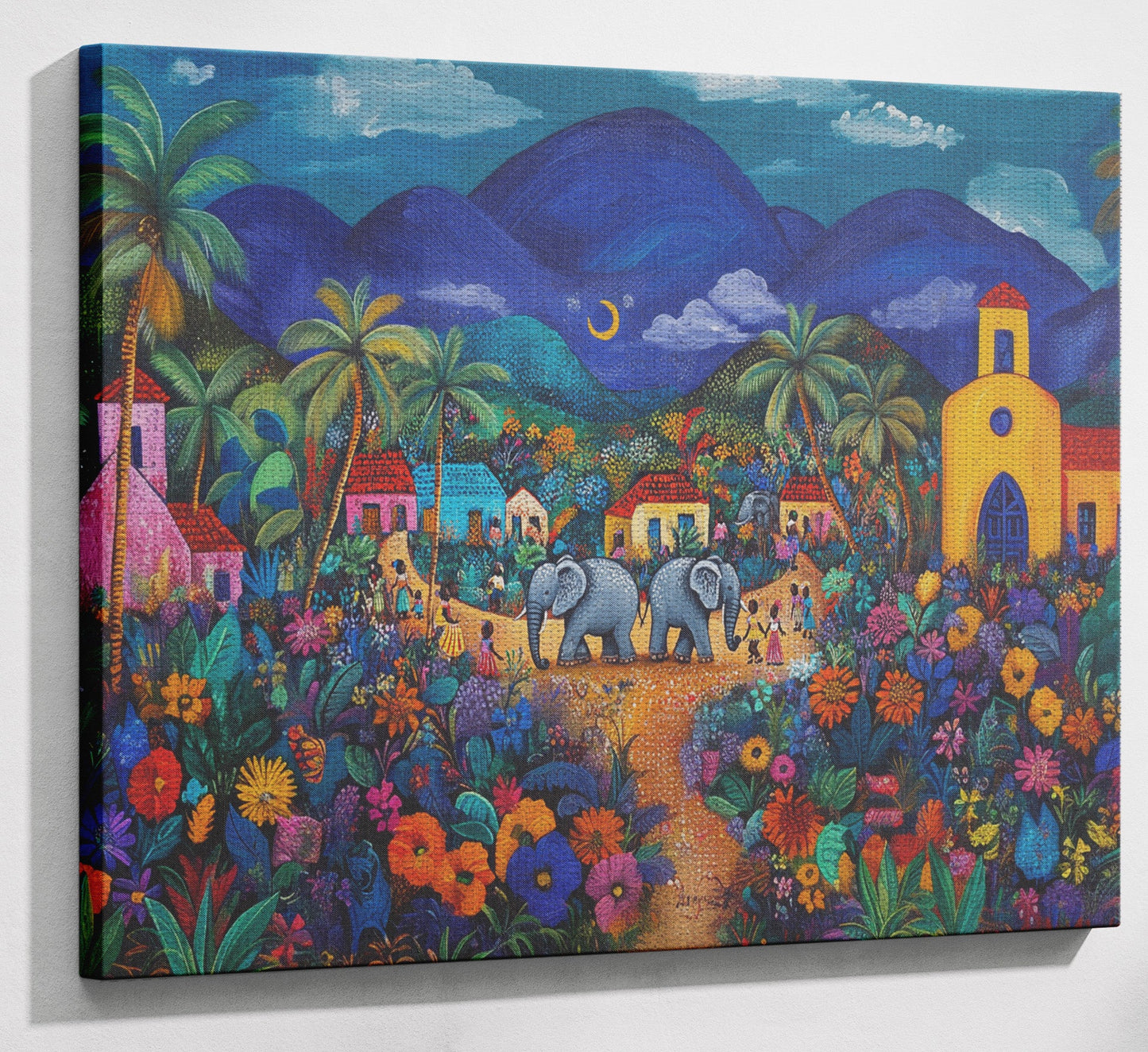 Colorful Mountain Village Elephant Caribbean wall art view 13