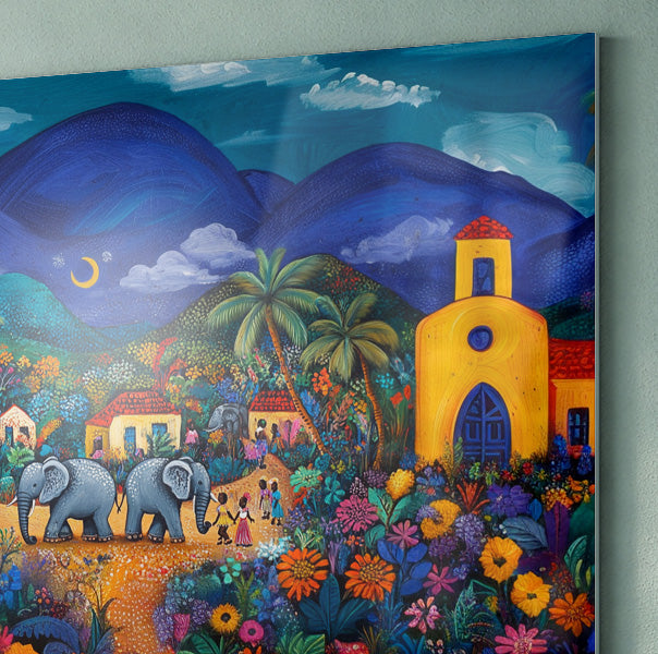 Colorful Mountain Village Elephant Caribbean wall art view 22