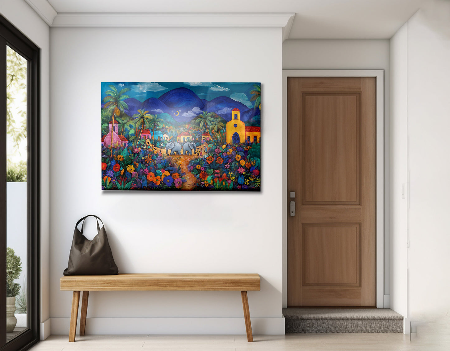 Colorful Mountain Village Elephant Caribbean wall art view 23